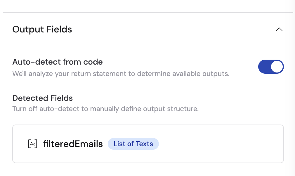 Auto-detect from code toggle enabled with detected output fields