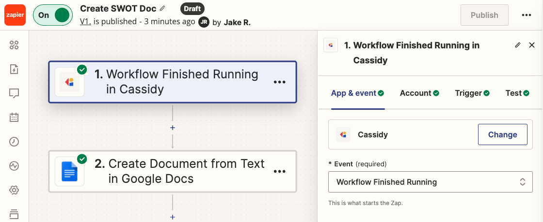 Zapier Zap editor with Cassidy as the trigger and Workflow Finished Running selected