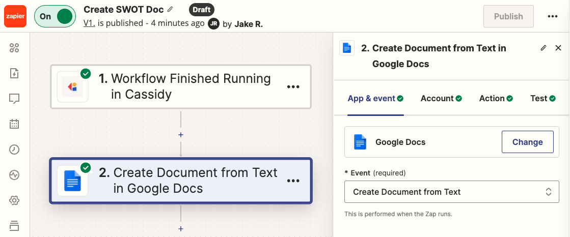 Zapier action step selecting Create Document from Text in Google Docs