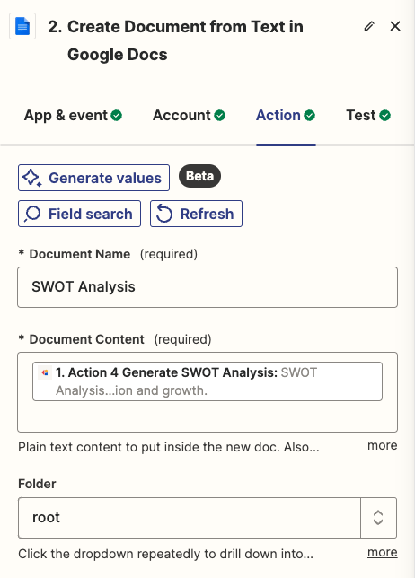 Mapping Cassidy Workflow outputs to Google Docs action fields in Zapier
