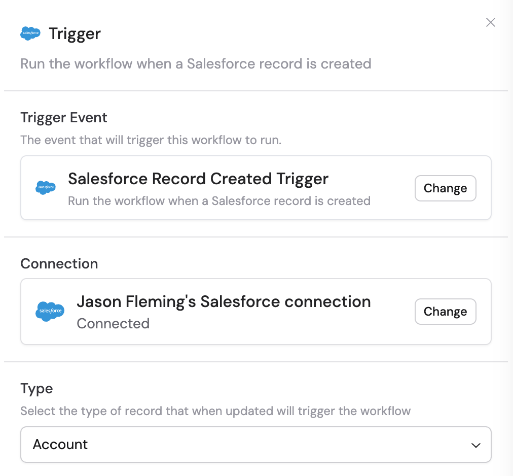 Salesforce connection prompt in the trigger configuration