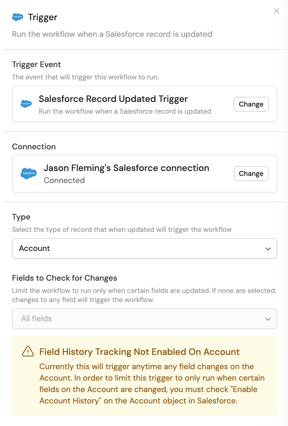 Salesforce connection prompt in the trigger configuration