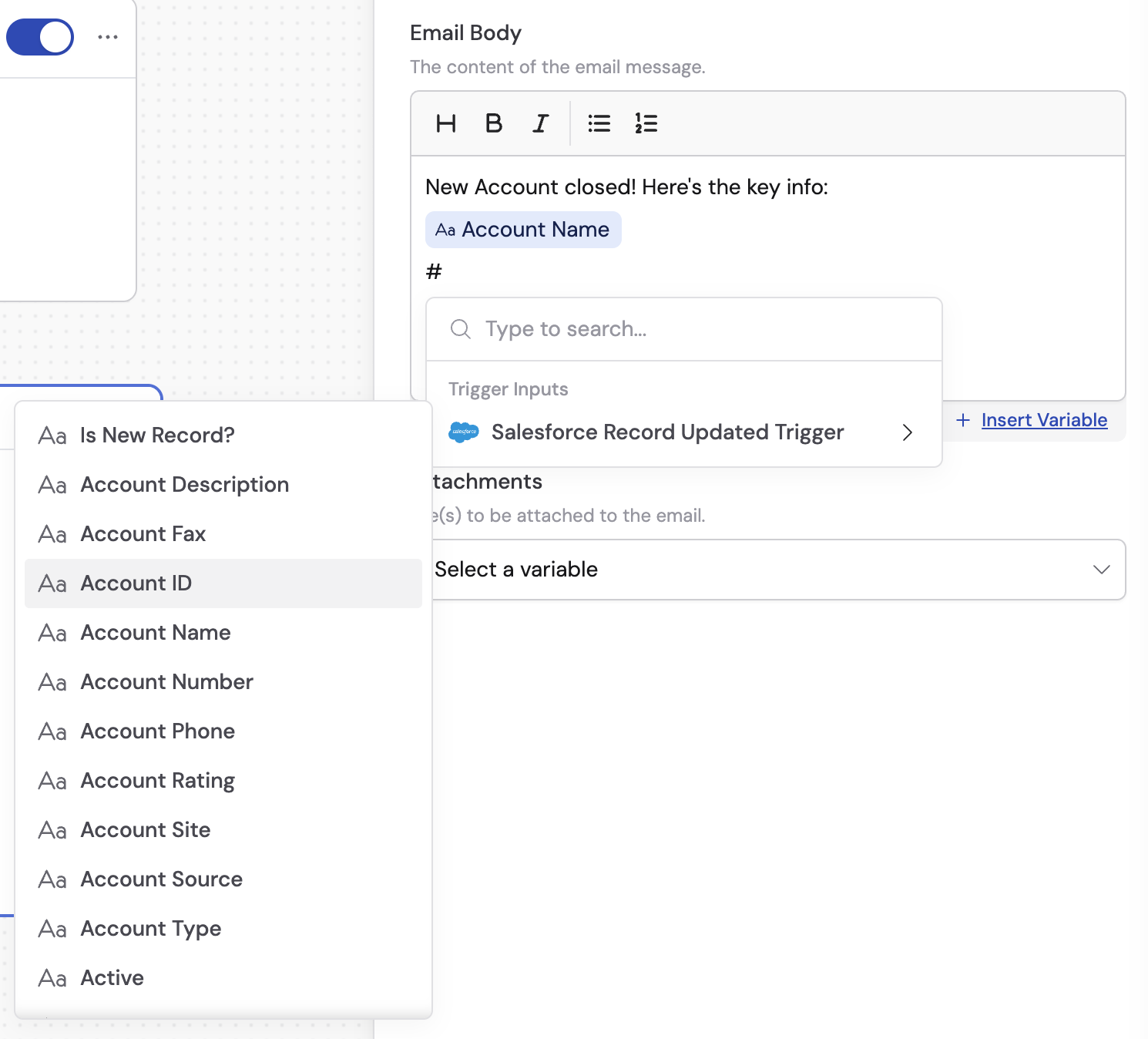 Variable picker showing available Salesforce record fields from the updated record