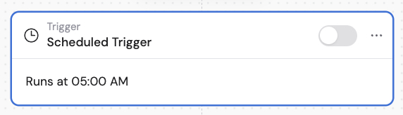 Workflow builder showing trigger type selection with Scheduled highlighted
