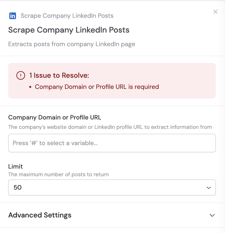 Scrape Company LinkedIn Posts action added to the Workflow