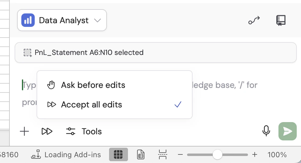 Excel extension edit permission dropdown with Ask before edits and Accept all edits options