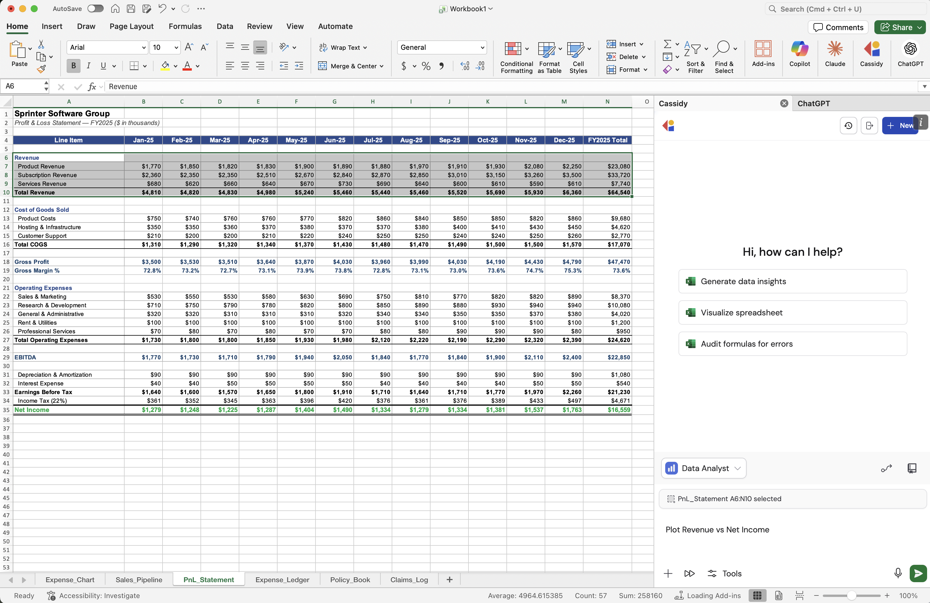 Cassidy side panel in Excel with a prompt asking the Agent to plot revenue versus net income