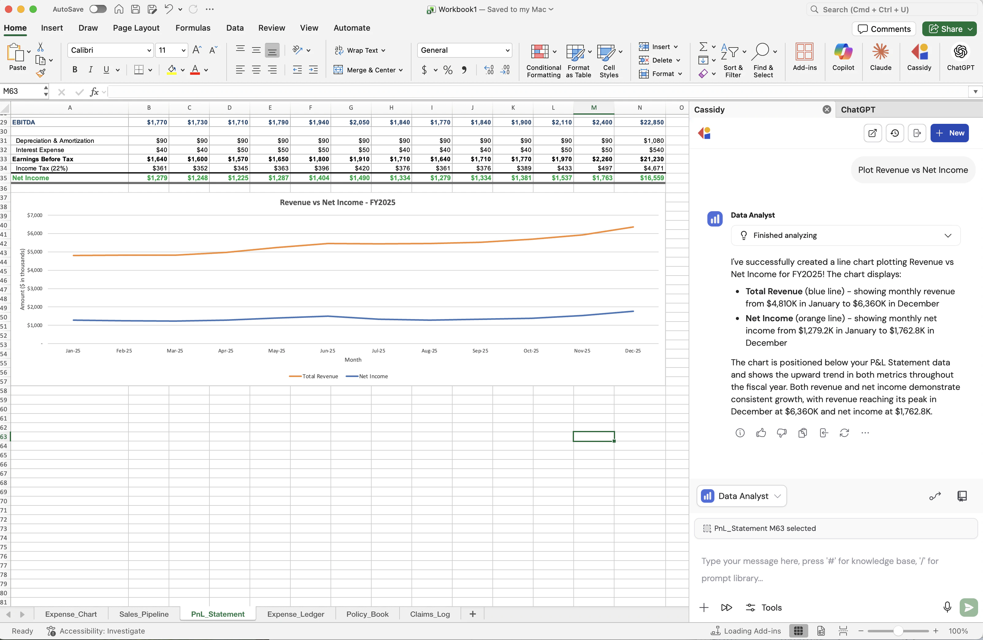 Excel workbook with a chart created by a Cassidy Agent in the side panel