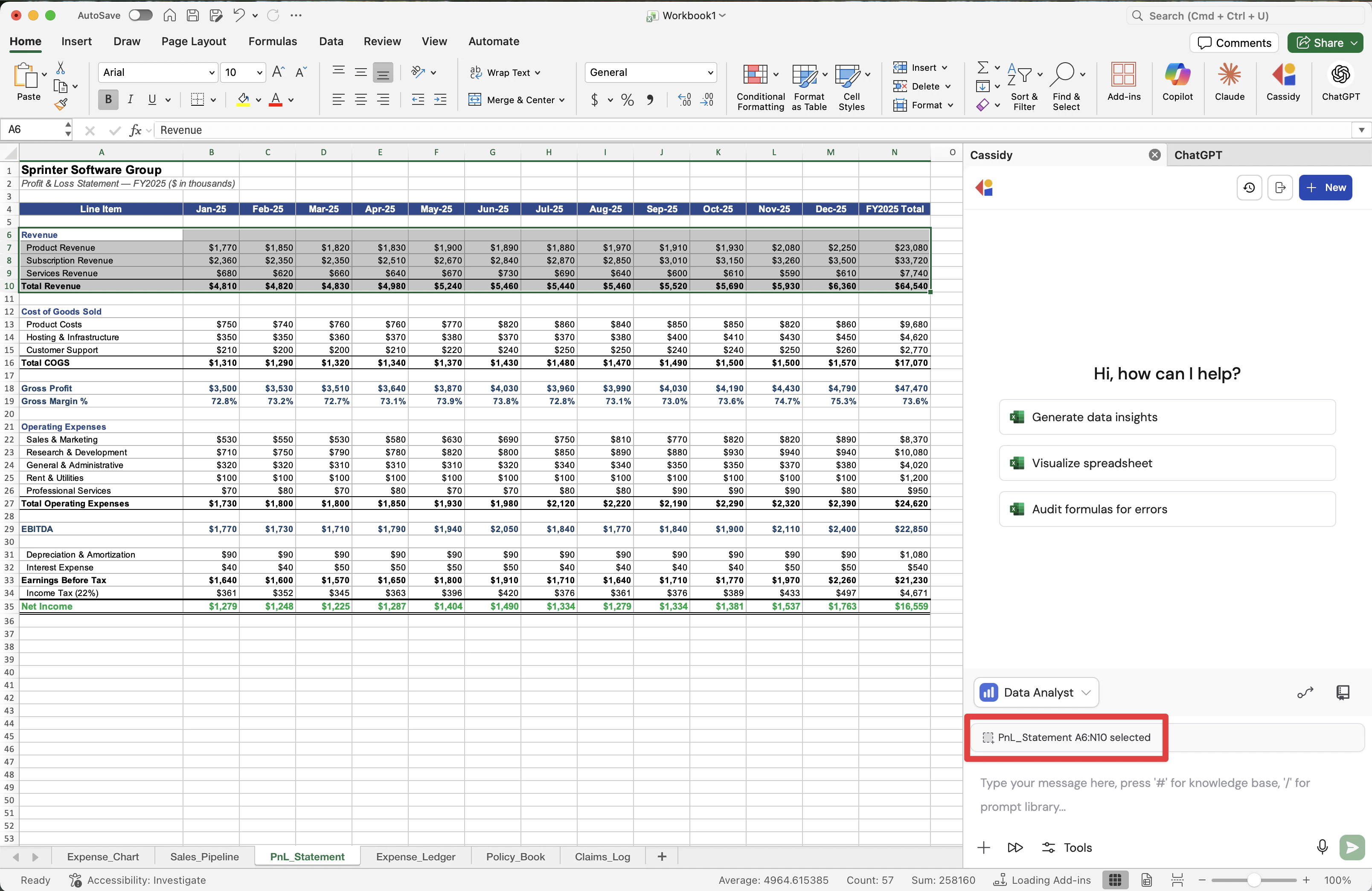Excel workbook with a selected range shown in the Cassidy side panel
