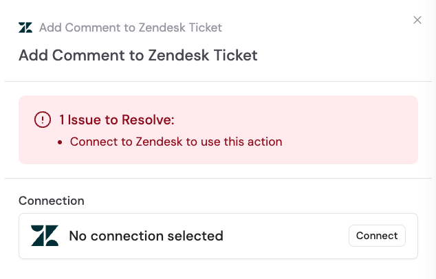 Add Comment to Zendesk Ticket action in the Workflow builder