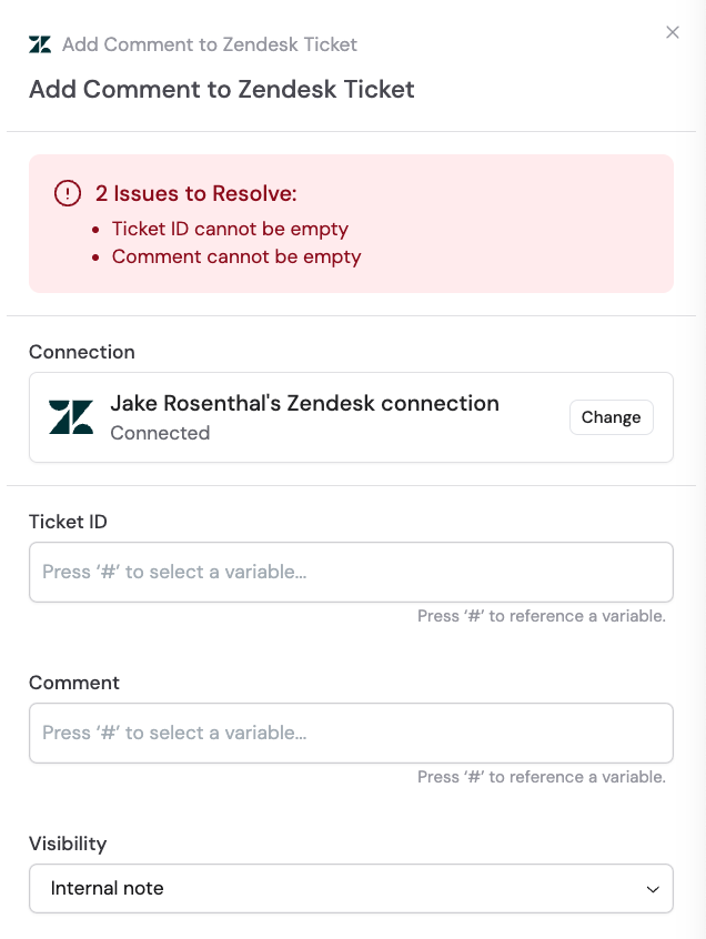 Adding a Zendesk connection for the action
