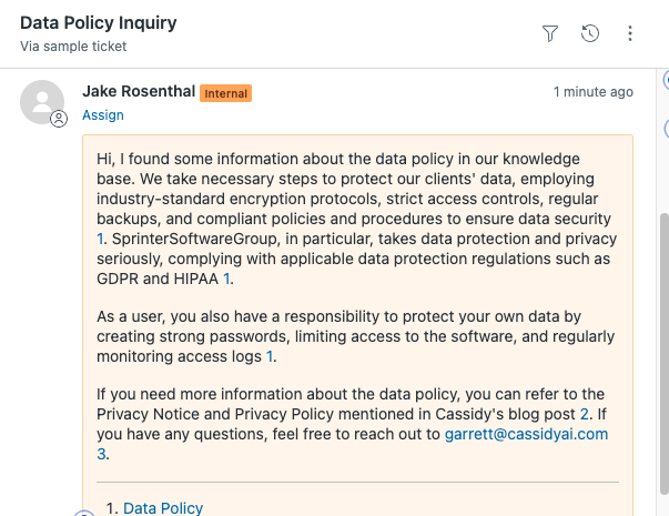 Sample output of the Add Comment to Zendesk Ticket action