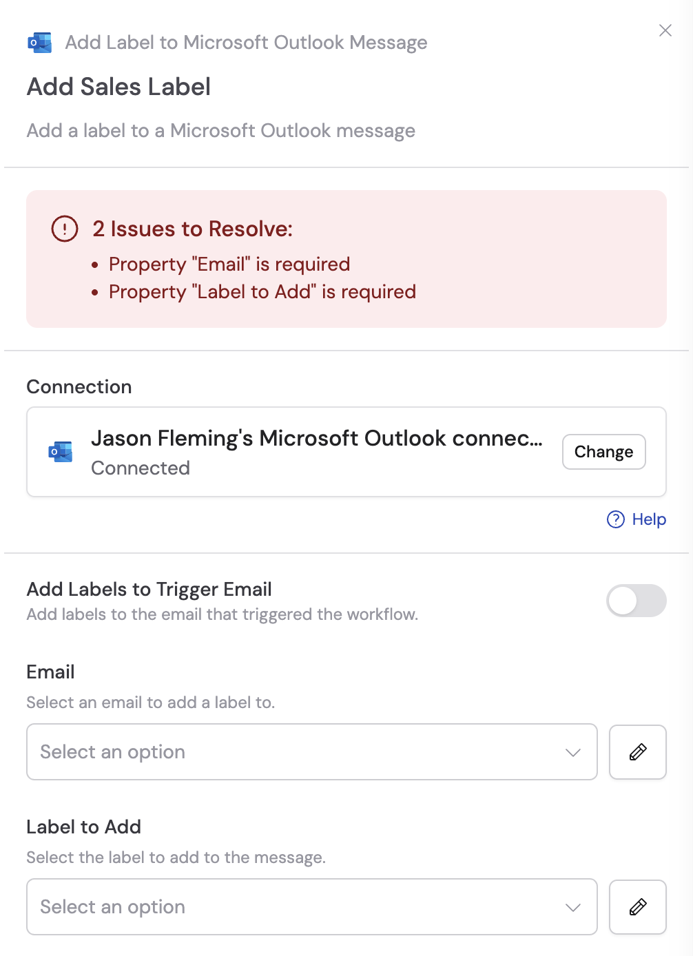 Adding a Microsoft Outlook connection for the action
