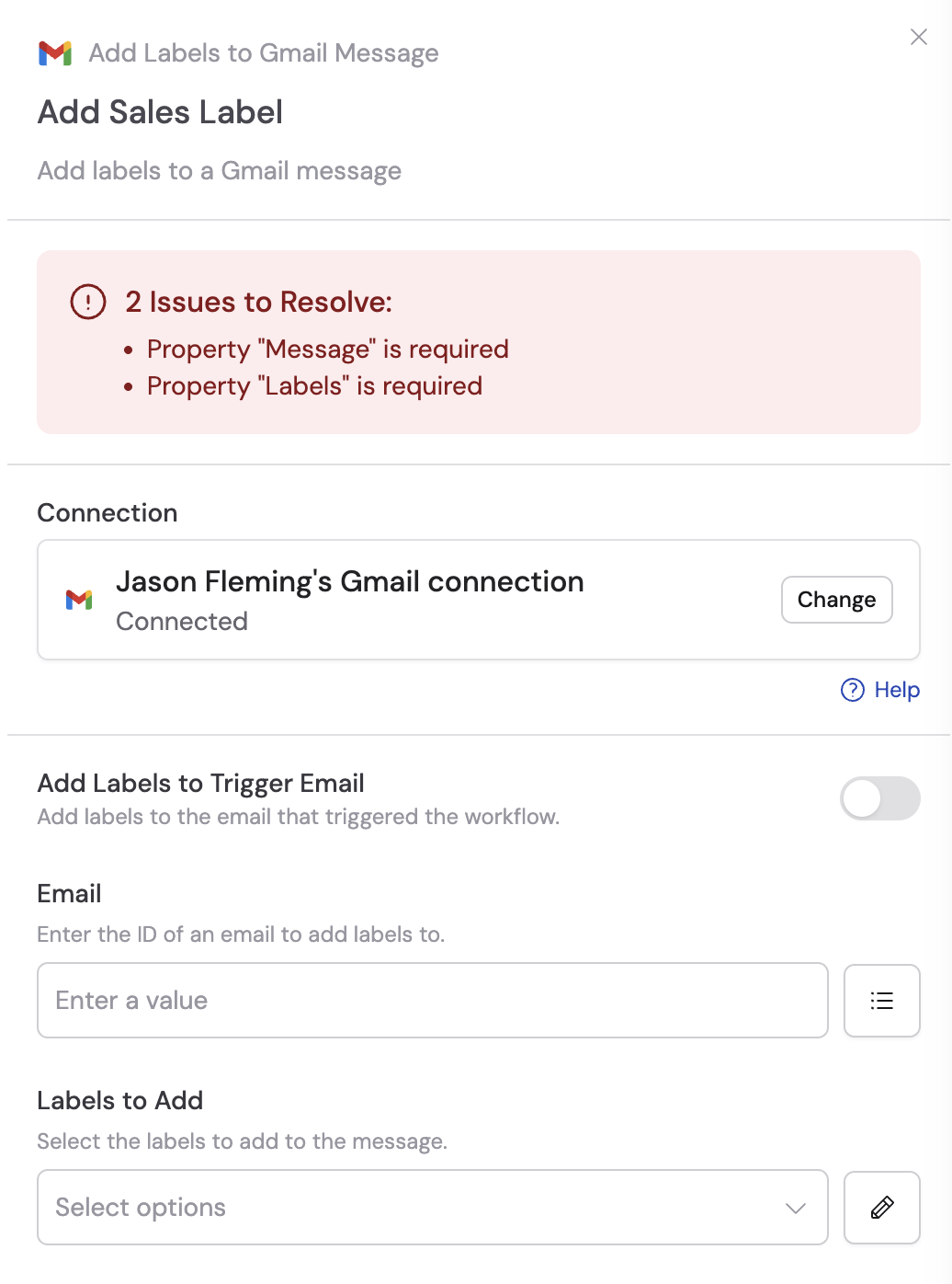Adding a Gmail connection for the action