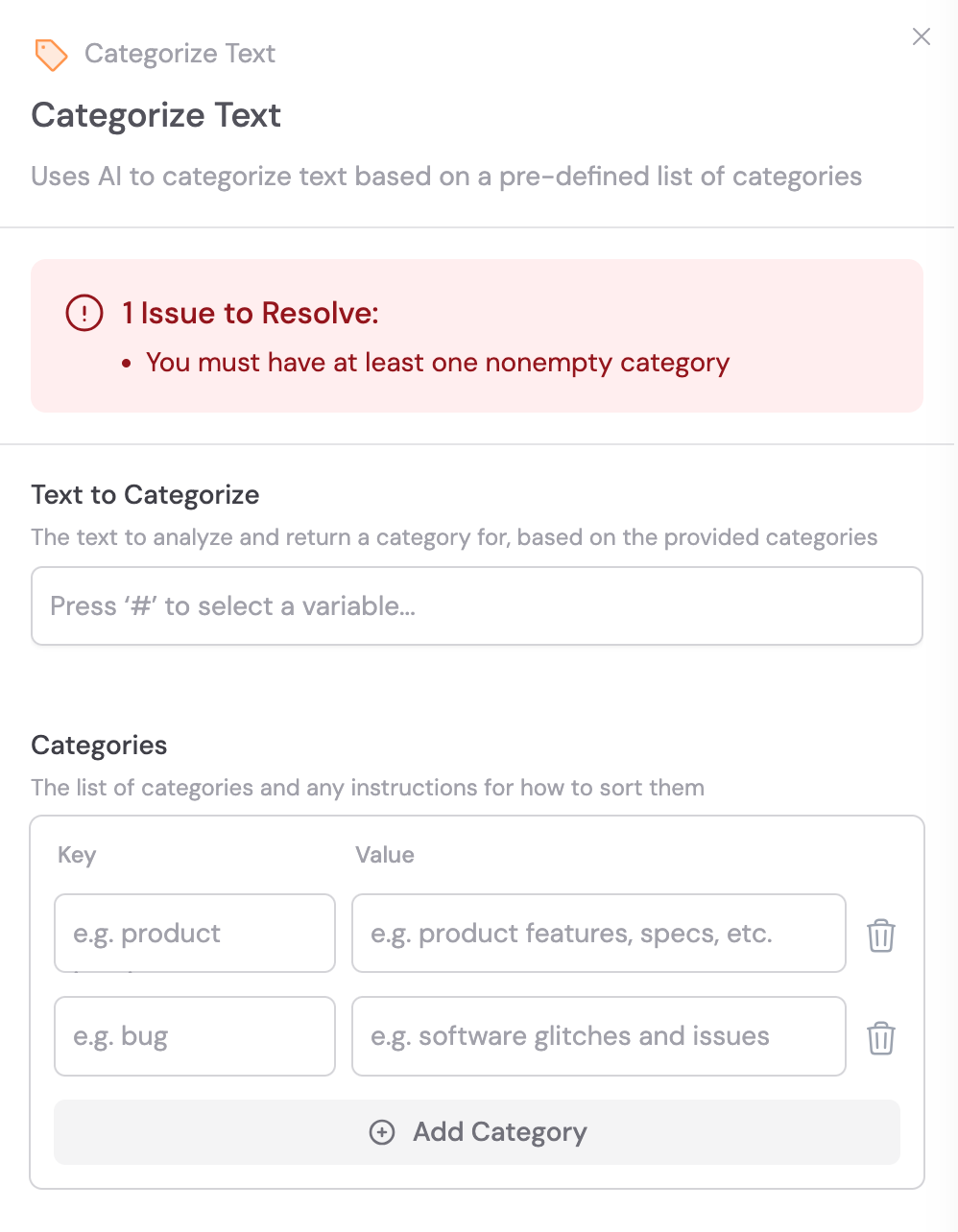 Categorize Text action added to the Workflow