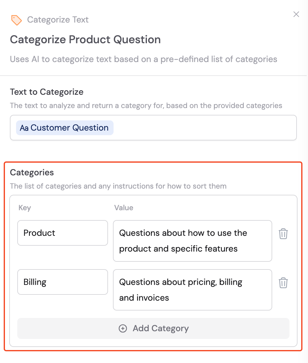 Categories section showing Key and Value pairs