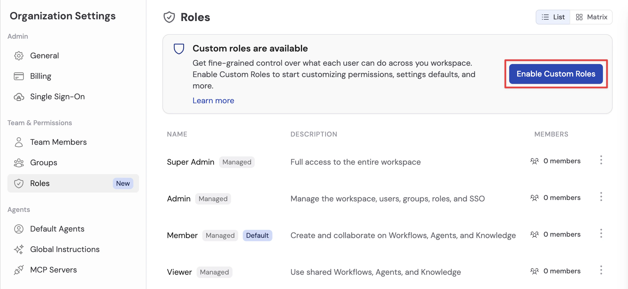 Custom roles migration banner on the Roles page with the migration action highlighted
