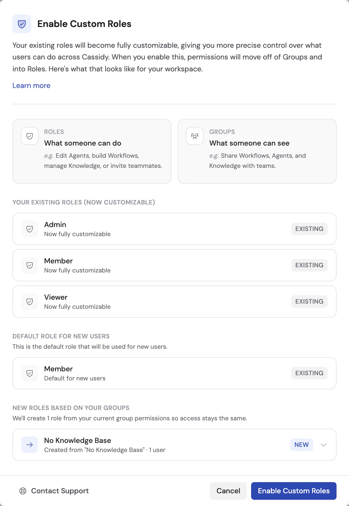 Custom roles migration plan showing generated managed role assignments and custom roles
