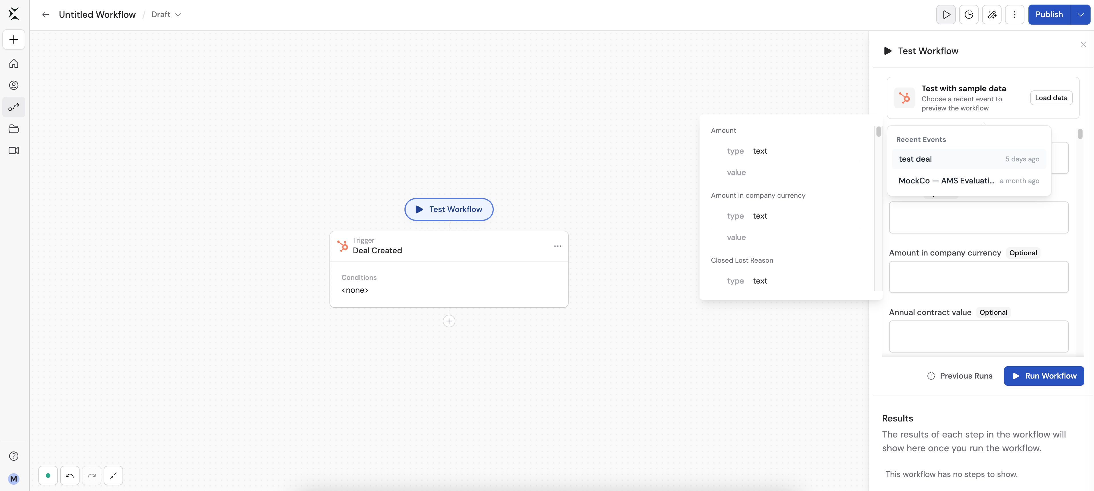 The sample data popover with the list of recent events from the connected app