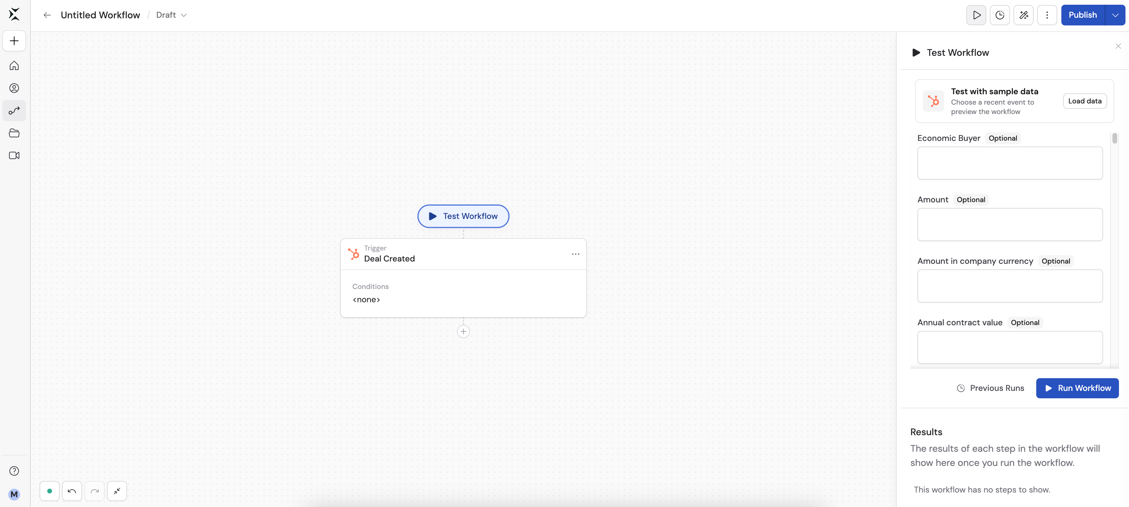 Test Workflow panel showing the load sample data button