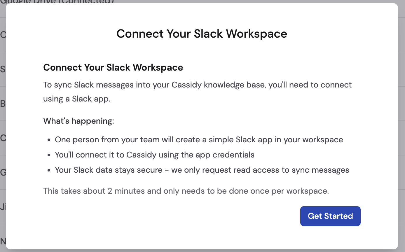 Slack connection Get Started dialog