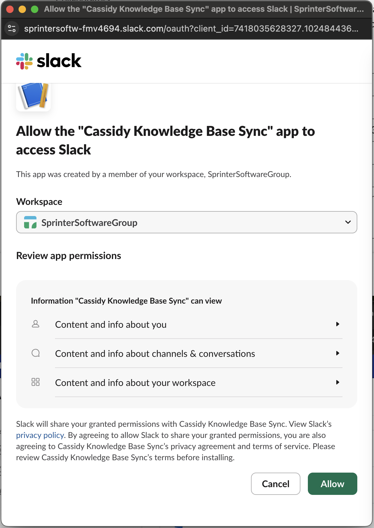 Slack OAuth authorization screen requesting access for Cassidy