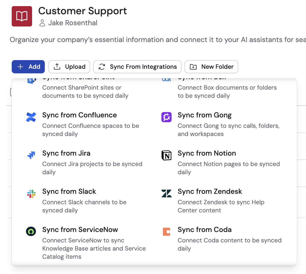 Knowledge Base Sync From Integrations dropdown showing Sync from Slack option