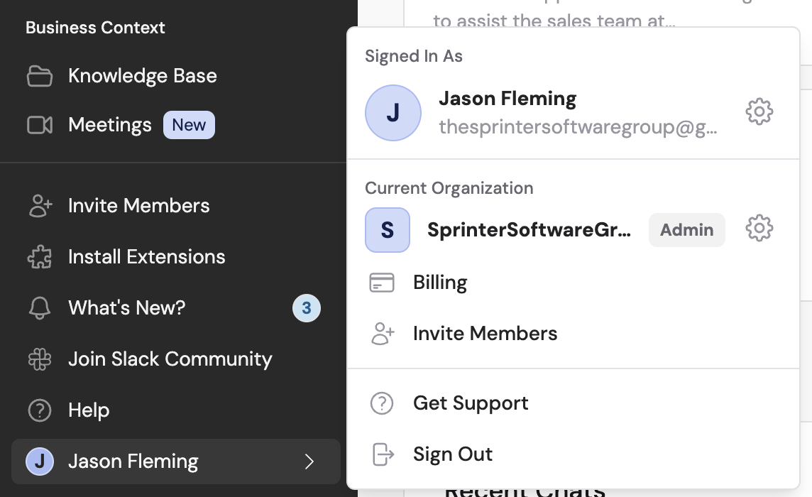 Cassidy sidebar showing the account settings entry point