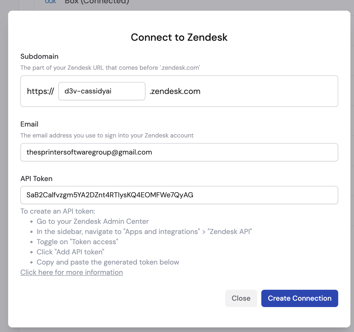 Connect to Zendesk dialog with subdomain, email, and API token fields
