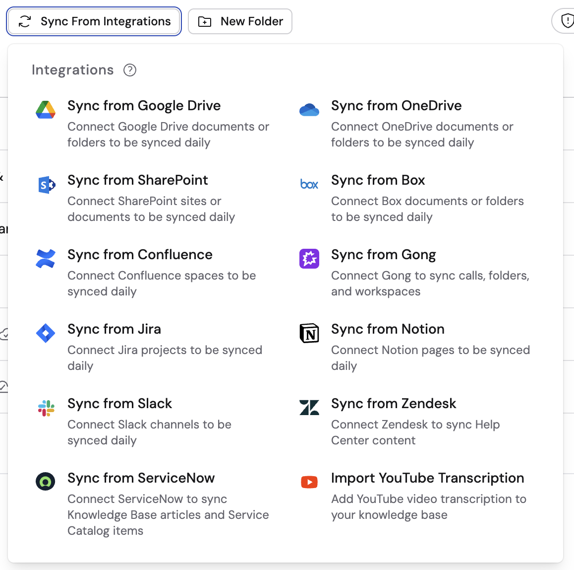 Knowledge Base integration source picker showing Sync from Zendesk among available options