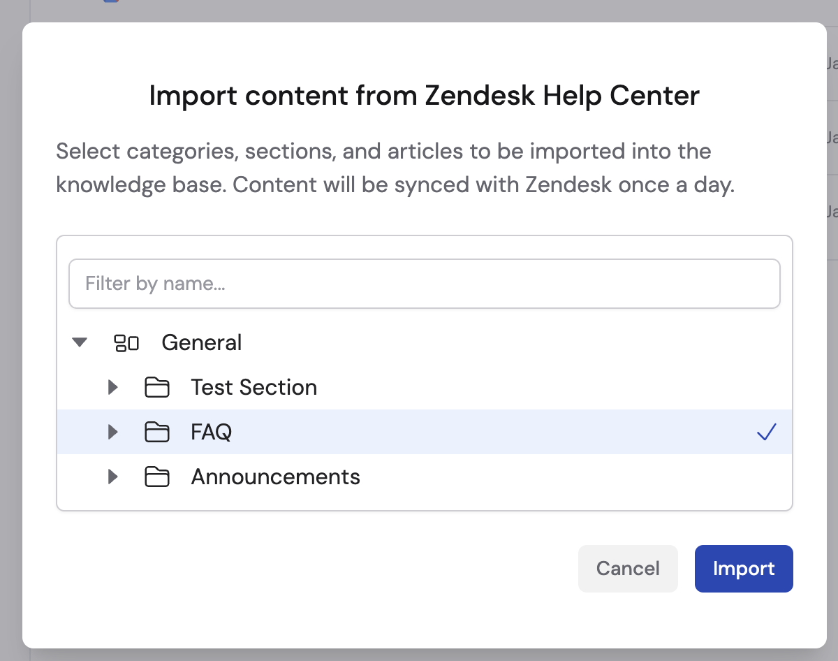 Import content from Zendesk Help Center dialog showing categories and sections with checkboxes