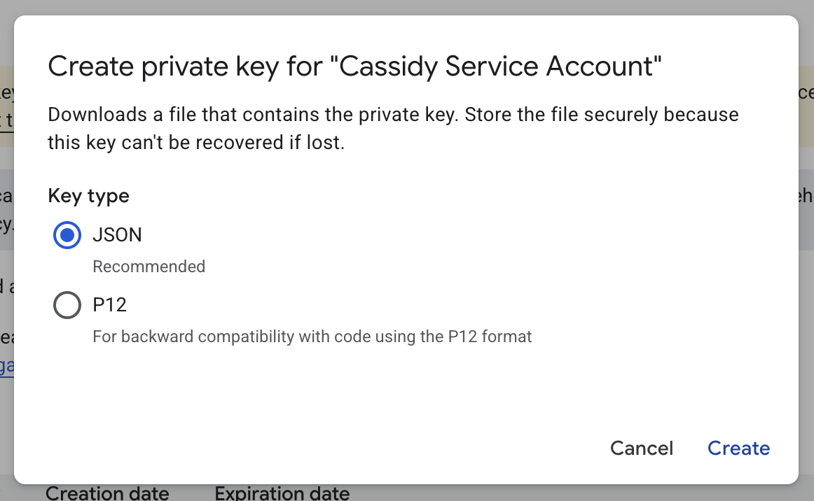 Create private key dialog with JSON selected