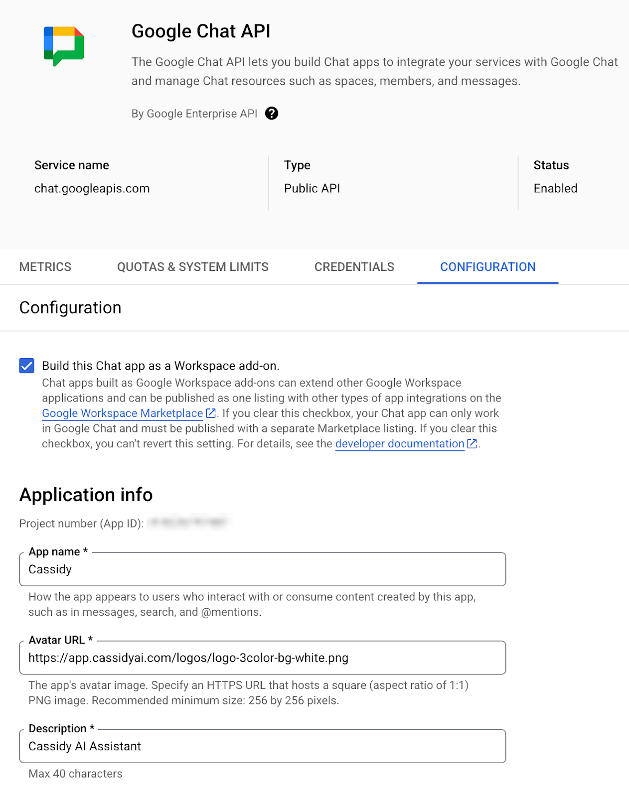 Google Chat API configuration showing application info and interactive features