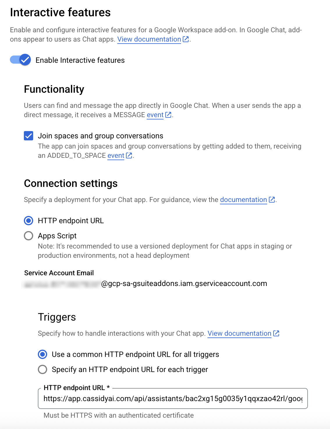 Google Chat API configuration showing connection settings and triggers with the Webhook URL