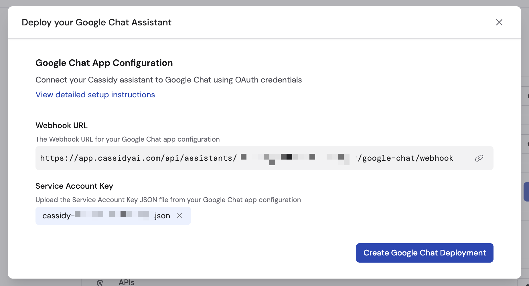 Cassidy deployment settings showing the Upload JSON File button for the service account key