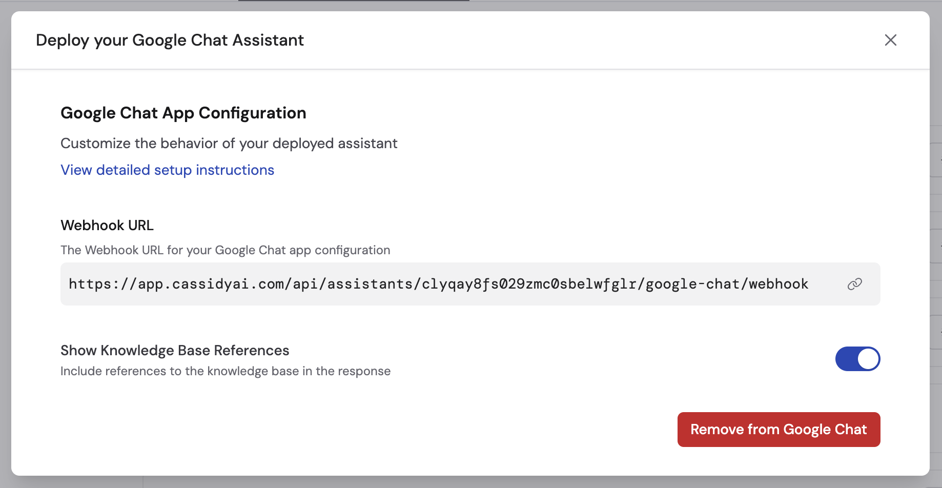 Cassidy Google Chat deployment settings with Show Knowledge Base References toggle