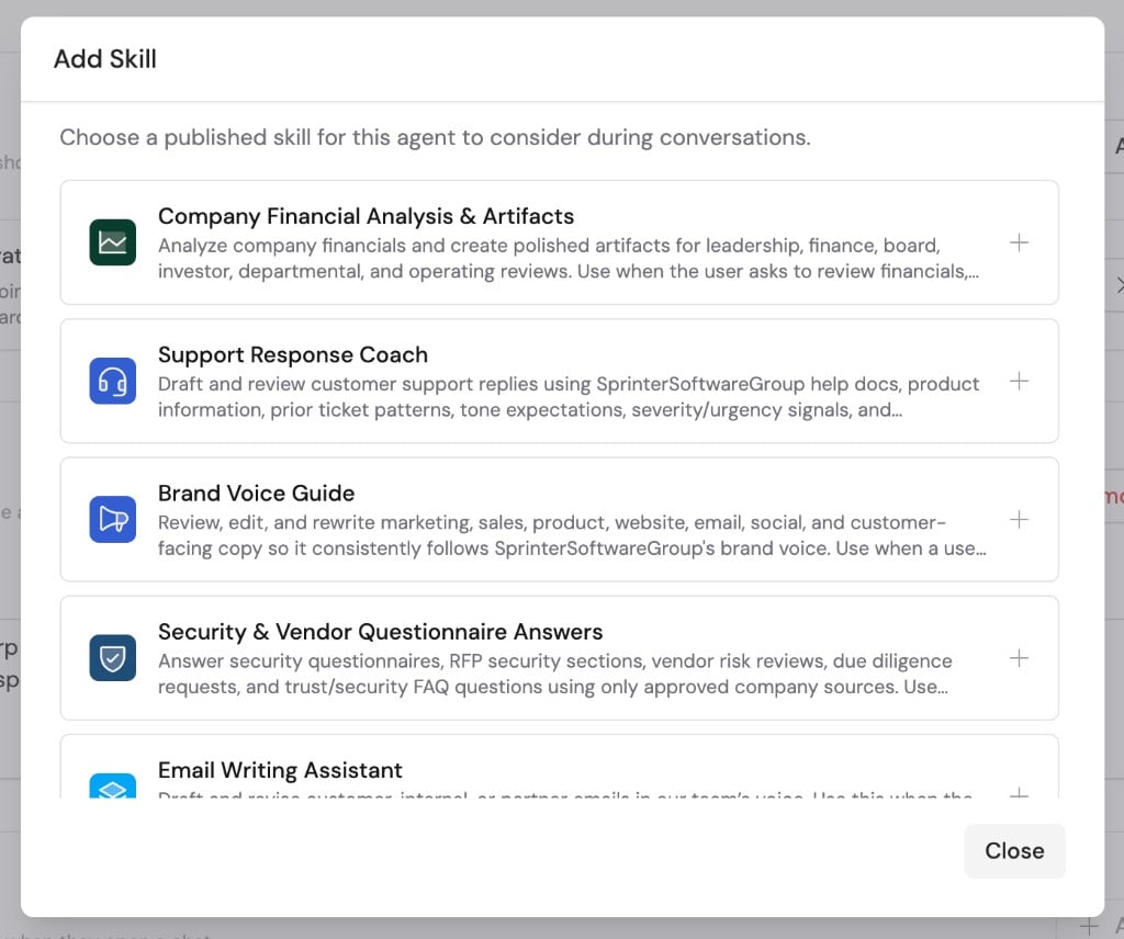 Add Skill modal showing published Skills available to attach to an Agent