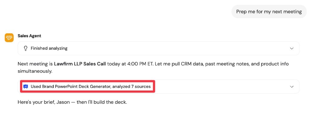 Sales Agent automatically using the Brand PowerPoint Deck Generator Skill for a meeting preparation request