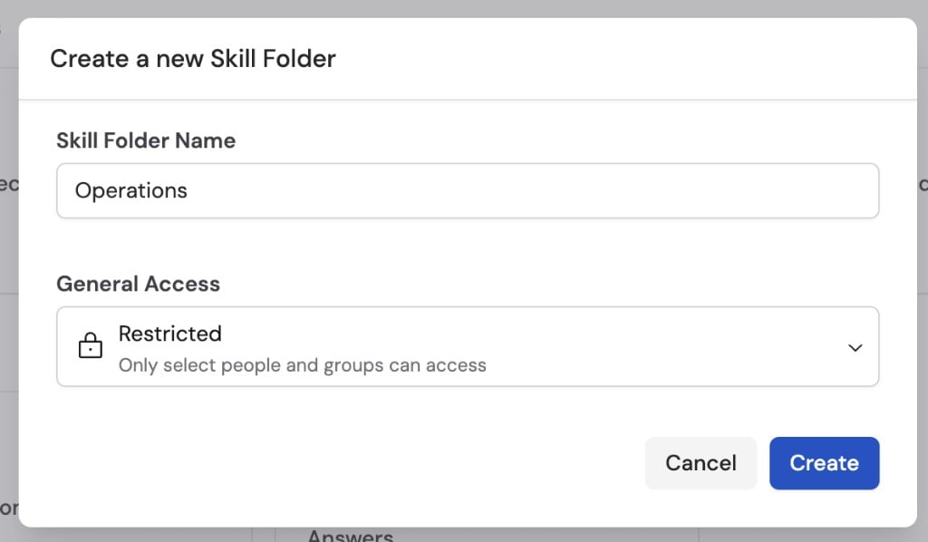 Create a new Skill Folder dialog with the Operations folder name and Restricted general access