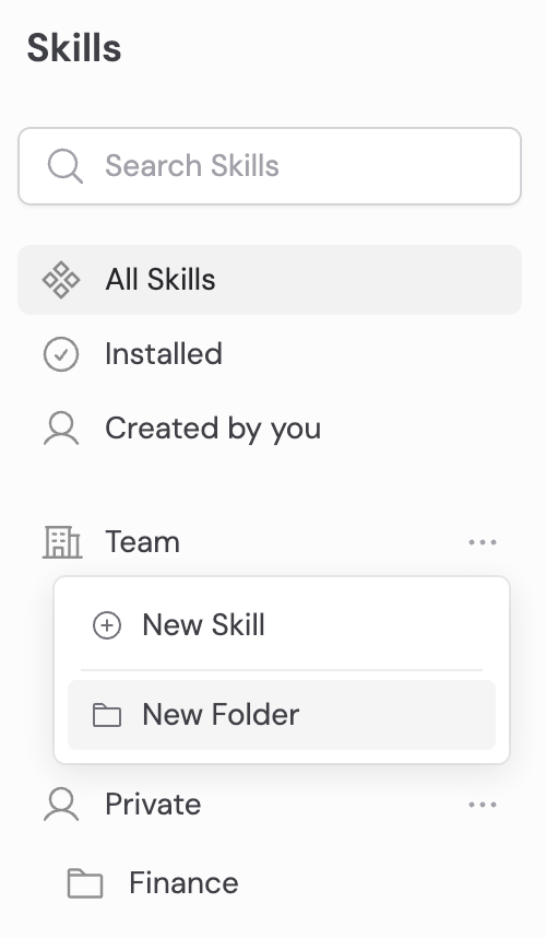 Skills sidebar with the New Folder action open