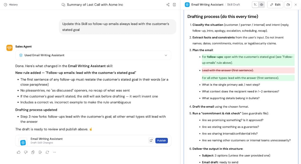 Sales Agent chat showing Draft Skill Changes for the Email Writing Assistant with an instructions diff and Publish button