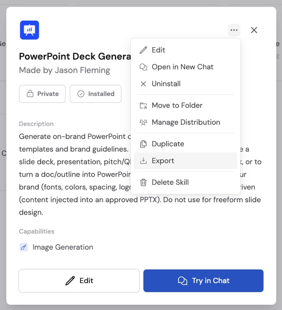 PowerPoint Deck Generator Skill preview menu with Export selected