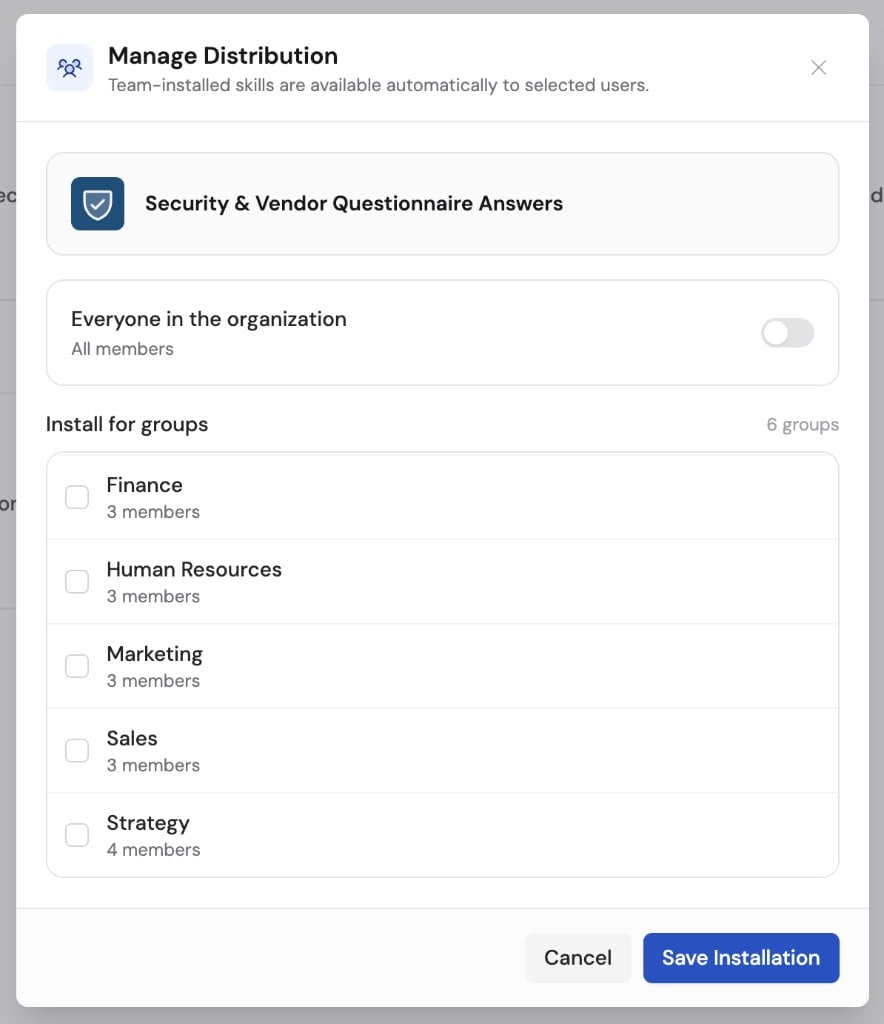 Manage Distribution dialog with organization-wide and group installation options