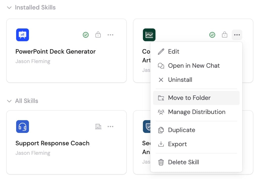 Installed Skill menu with Move to Folder highlighted