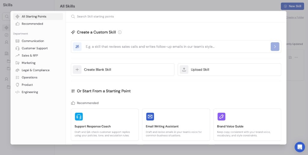 New Skill screen showing custom creation, blank creation, upload, and recommended starting points