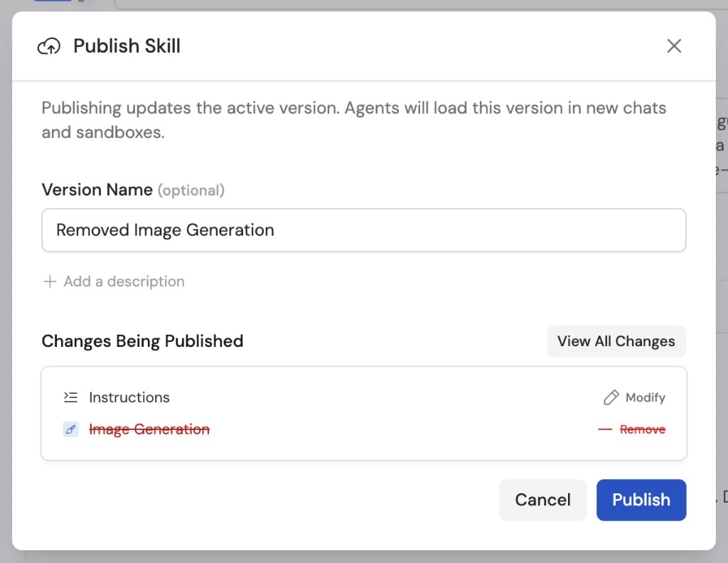 Publish Skill dialog with a version description and changes being published