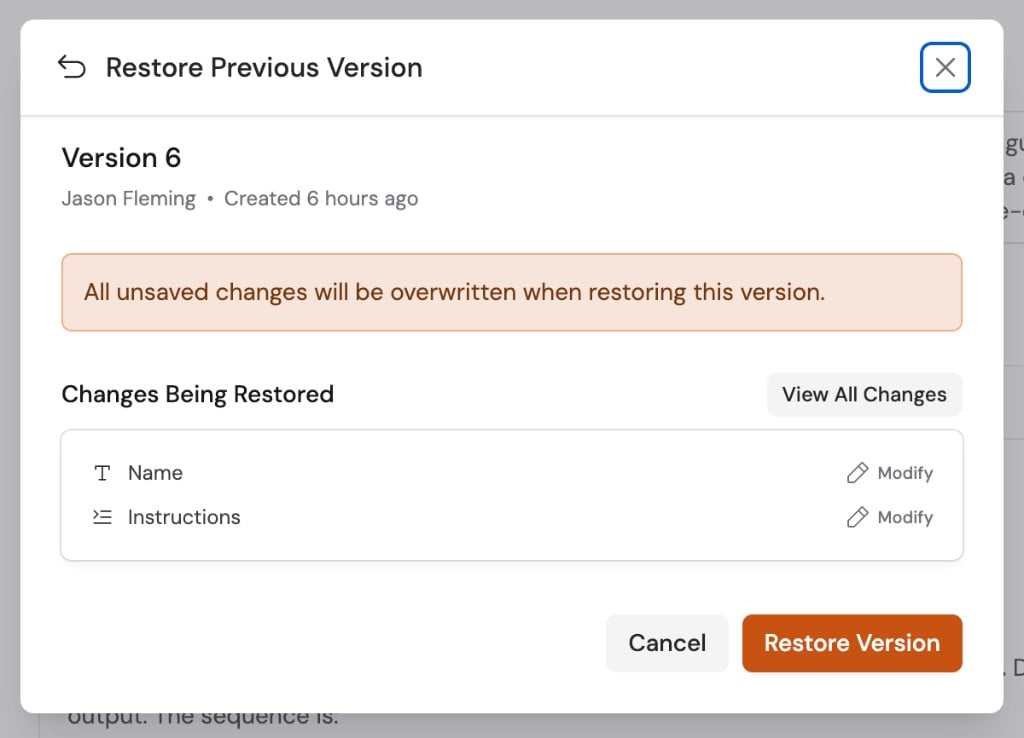 Restore Previous Version dialog with changes being restored and a warning about unpublished changes