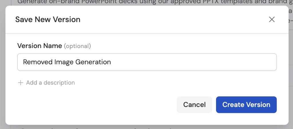 Save New Version dialog with an optional version name and Create Version button