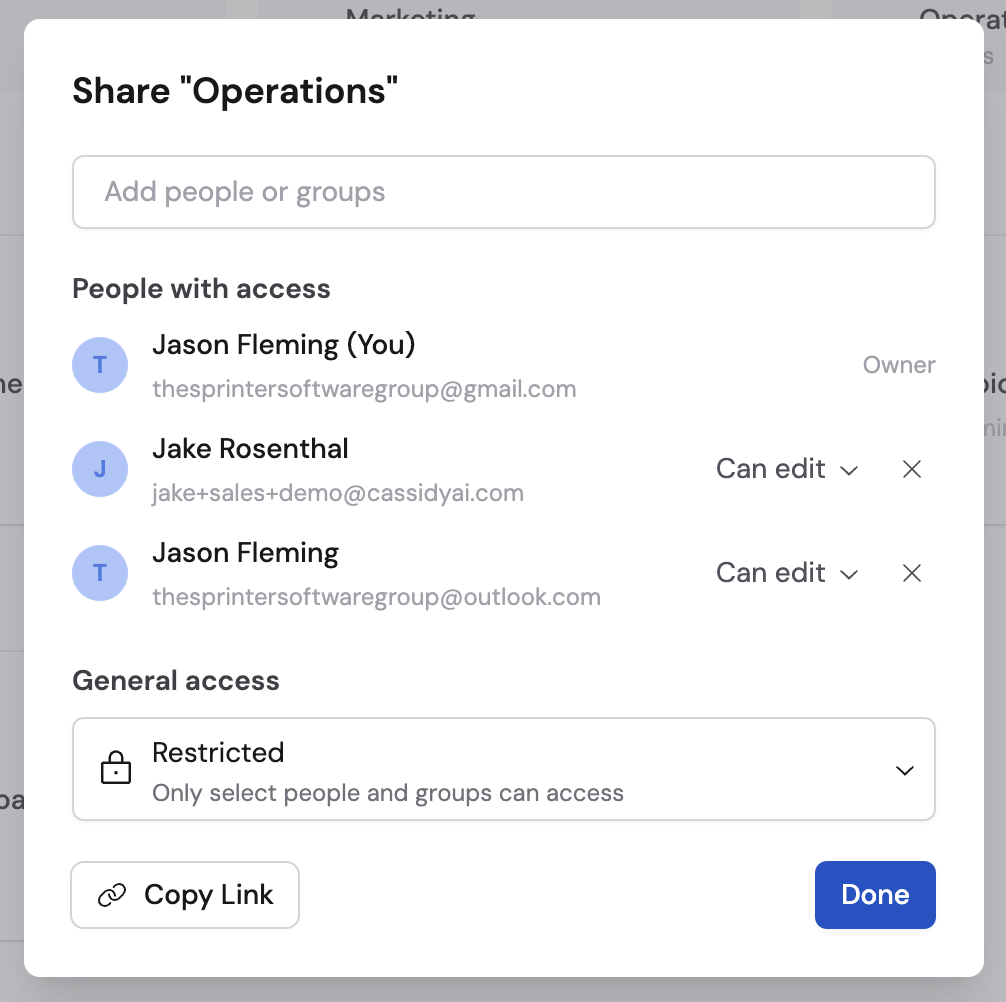 Share Skill folder dialog with people, groups, and access levels