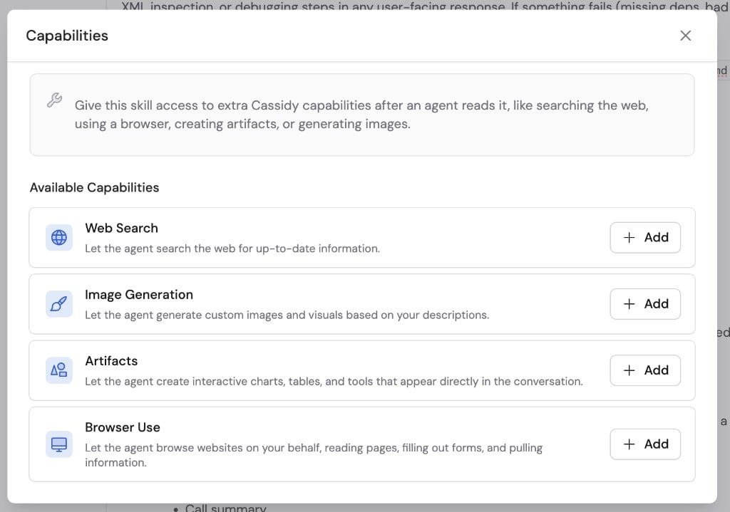 Skill Capabilities dialog showing Web Search, Image Generation, Artifacts, and Browser Use
